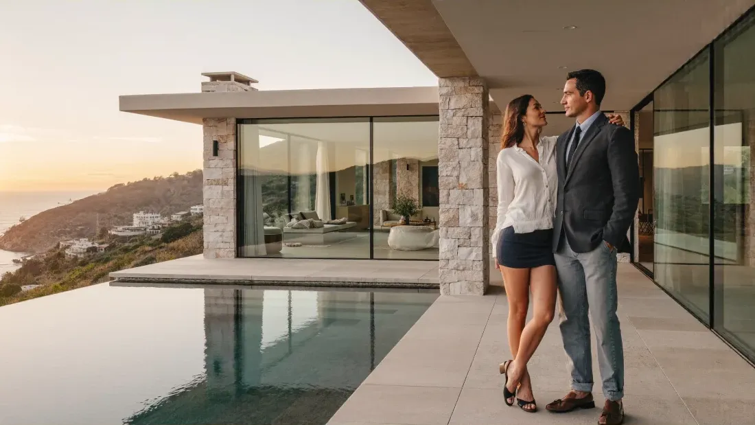 A couple on the terrace of their hillside home at sunset